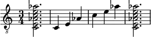 {
\clef "treble_8"
\time 3/4
<c e aes c' e' aes'>2.
<c >4
<e >4
<aes >4
<c' >4
<e' >4
<aes' >4
<c e aes c' e' aes'>2.
}