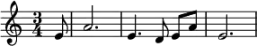\relative c' {
\once \omit Score.MetronomeMark \tempo 2. = 66
\set Staff.midiInstrument = #"french horn"
\key c \major
\time 3/4
\partial8 e8 a2. e4. \autoBeamOff d8 \autoBeamOn e a e2.
}