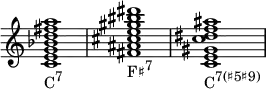 {
\override Score.TimeSignature #'stencil = ##f
\relative c' {
\clef treble
\time 4/4
\key c \major
\textLengthOn
<c e g bes d fis a>1_\markup { \concat { "C" \raise #1 \small { "7" } } }
<fis ais cis e gis bis dis>_\markup { \concat { "F♯" \raise #1 \small { "7" } } }
<c e gis c dis f ais>_\markup { \concat { "C" \raise #1 \small { "7(♯5♯9)" } } }
} }
