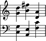 { <<
\new Staff \with{ \magnifyStaff #4/3 } \relative c' {
\key c \major \clef treble \override Score.TimeSignature #'stencil = ##f \time 3/4
<g' d'> <b fis'> <d, a'>
}
\new Staff \with{ \magnifyStaff #4/3 } \relative c' {
\key c \major \clef bass \override Score.TimeSignature #'stencil = ##f \time 3/4
<c, g'> <a e'> <f' c'>
} >> }
