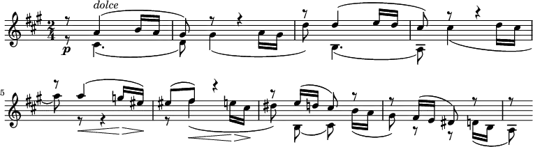 {
#(set-global-staff-size 19)
\relative a' {
\key a \major \time 2/4
\set Score.tempoHideNote = ##t \tempo 4 = 60
\set Staff.midiInstrument = "violin"
<<
{r8\p a4^\markup { \italic dolce }(b16 a | gis8) r8 r4 | r8 d'4(e16 d |
cis8) r8 r4 \break
\overrideProperty Score.NonMusicalPaperColumn.line-break-system-details #'((Y-offset . 17))
r8 a'4(\< g16\> eis)\! | eis8(fis) r4 | r8 e16(d cis8) r | r fis,16(e dis8) r | r8 }
\\
{r8 cis4.(| d8) gis4(a16 gis | d'8) b,4.(| a8) cis'4(d16 cis | a'8) r r4 | r8 fis4(\< e16\> cis\! | dis8)\noBeam b,(cis)\noBeam b'16(a | gis8) r r d16(b | a8) }
>>
}
}