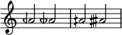 {
\override Score.TimeSignature
#'stencil = ##f
\relative c'' {
\time 4/4
aeh2 aeseh
aih aisih
} }