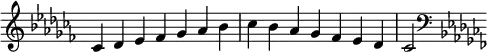{
\omit Score.TimeSignature \relative c' {
\key ces \major \time 7/4 ces des es fes ges aes bes ces bes aes ges fes es des ces2
\clef F \key ces \major
} }