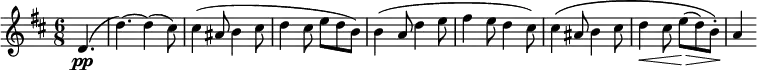 \relative d' {
\key d \major \time 6/8
\set Score.tempoHideNote = ##t \tempo 2. = 80
\set Staff.midiInstrument = "violin"
\partial 4. d4.\pp(|
d'4.)~ d4(cis8) |
cis4(ais8 b4 cis8 |
d4 cis8 e d b) |
b4(a8 d4 e8 |
fis4 e8 d4 cis8) |
cis4\(ais8 b4 cis8 |
d4\< cis8 e(\> d) b-.\) |
a4\!
}