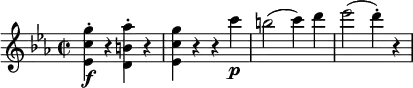 \relative g'' {
\key c \minor \time 2/2
<g c, es,>4-. \f r <as b, d,>-. r
<g c, es,>4 r r c \p
b2( c4) d
es2( d4-.) r
}