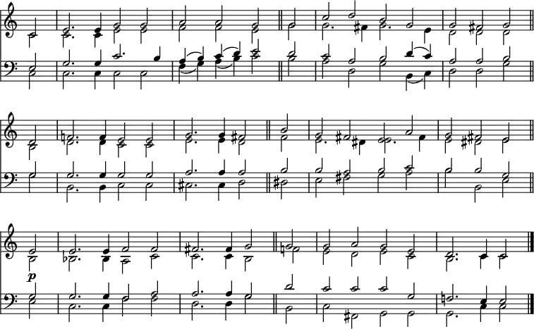 << <<
\new Staff { \clef treble \time 4/2 \partial 2 \key c \major \set Staff.midiInstrument = "flute" \omit Staff.TimeSignature \set Score.tempoHideNote = ##t \override Score.BarNumber #'transparent = ##t
\relative c'
<< { c2 | e2. e4 g2 g | a a g \bar"||"
g | c d b g | g fis g \bar"||" \break
d | f!2. f4 e2 e | g2. g4 fis2 \bar"||"
b | g fis e a | g fis e \bar"||" \break
e\p | e2. e4 f2 f | fis2. fis4 g2 \bar"||"
g | g a g e | d2. c4 c2 \bar"|." } \\
{ c2 | c2. c4 e2 e | f f e
g | g2. fis4 g2. e4 | d2 d d
b | d2. d4 c2 c | e2. e4 d2
fis | e2. dis4 e2. fis4 | e2 dis e
b | bes2. bes4 a2 c | c2. c4 b2
f'! | e d e c | b2. c4 c2 } >>
}
\new Lyrics \lyricmode {
}
\new Staff { \clef bass \key c \major \set Staff.midiInstrument = "flute" \omit Staff.TimeSignature
\relative c
<< { e2 | g2. g4 c2. b4 | a( b) c( d) e2
d | c a b d4( c) | a2 a b
g | g2. g4 g2 g | a2. a4 a2
b | b a b c | b b g
g | g2. g4 f2 a | a2. a4 g2
d' | c c c g | f!2. e4 e2 } \\
{ c2 | c2. c4 c2 c | f4( g) a( b) c2
b | a d, g b,4( c) | d2 d g
g | b,2. b4 c2 c | cis2. cis4 d2
dis | e fis g a | b b, e
e | c2. c4 f2 f | d2. d4 g2
b, | c fis, g g | g2. c4 c2 } >>
}
>> >>
\layout { indent = #0 }
\midi { \tempo 2 = 60 }