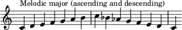 {
\override Score.TimeSignature #'stencil = ##f
\relative c' {
\clef treble \time 7/4
c4^\markup { Melodic major (ascending and descending) } d e f g a b c bes aes g f e d c
} }