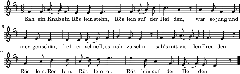 \new Staff
<<
\new Voice \relative c' {
\set Staff.midiInstrument = #"clarinet"
\autoBeamOff
\language "deutsch"
\tempo 4 = 100 \set Score.tempoHideNote = ##t
\time 6/8 \key d \major
fis4 fis8 a8. ( g16 ) fis8
e4 e8 e4. fis4 fis8 g ( a )
h h4. a4 r8 a4 g8 fis4
fis8 fis4 e8 d4. d4 d8 d ( e )
fis g4 fis8 e4 r8
fis4 fis8 a8. ( g16 ) fis8 fis4. e4 r8
fis4 a8 h4 h8 a ( h ) cis d4. d4
h8 a4 fis8 e8. ( fis16 ) e8 d4 r8
\bar "|."
}
\addlyrics {
Sah ein Knab ein Rös -- lein stehn,
Rös -- lein auf der Hei -- den,
war so jung und mor -- gen -- schön,
lief er schnell, es nah zu sehn,
sah's mit vie -- len Freu -- den.
Rös -- lein, Rös -- lein, Rös -- lein rot,
Rös -- lein auf der Hei -- den.
}
>>