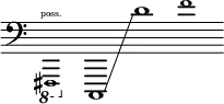 {
\new Staff \with { \remove "Time_signature_engraver" }
\clef bass \key c \major \cadenzaOn
\ottava #-1 \tweak font-size #-2 fis,,,1 \finger \markup \text "poss."
\ottava #0 c,,1 \glissando d'1
\tweak font-size #-2 f'1
}
