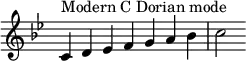 {
\key c \dorian
\override Score.TimeSignature #'stencil = ##f
\relative c' {
\clef treble \time 7/4
c4^\markup { Modern C Dorian mode } d es f g a bes c2
} }