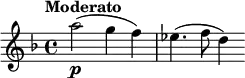 \new staff
\relative c''' {
\set Staff.midiInstrument = #"violin"
\key d \minor
\time 4/4
\tempo "Moderato" \tempo 8 = 76
a2(_\p) (g4 f) es4. (f8 d4)
}
