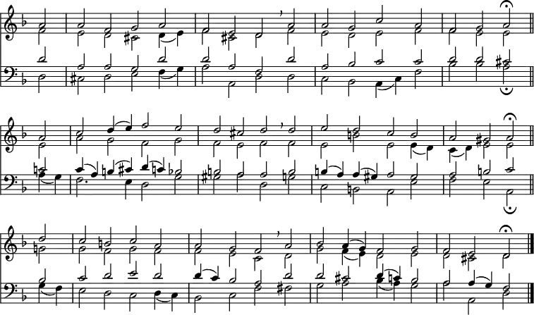 << <<
\new Staff { \clef treble \time 4/2 \partial 2 \key d \minor \set Staff.midiInstrument = "church organ" \omit Score.TimeSignature \set Score.tempoHideNote = ##t \override Score.BarNumber #'transparent = ##t
\transpose c d { \relative c''
<< { g2 | g es f g | es d c \breathe
g' | g f bes g | es f g\fermata \bar"||" \break
g | bes c4( d) es2 d | c b c \breathe
c | d c bes a | g fis g\fermata \bar"||"
c | bes a bes g | g f es \breathe
g | as g4( f) es2 f | es d c\fermata \bar"|." } \\
{ es2 | d c b c4( d) | es2 b c
es | d c d es | es d d
d | g f es f | es d es
es | d a' d, d4( c) | bes( c) d2 d
f! | f es f es | es d bes
c | f es4( d) c2 d | c b c } >> }
}
\new Staff { \clef bass \key d \minor \set Staff.midiInstrument = "church organ"
\transpose c d { \relative c'
<< { c2 | g g f c' | c g es
c' | g as bes bes | c c b
bes! | bes4( g) a( b) c( bes) as2 | a g g
a | a4( g) g( fis) g2 fis | g a bes
a | bes c d c | c4( bes) as2 g
c | c b c4( bes) as2 | g g4( f) es2 } \\
{ c2 | b c d es4( f) | g2 g, c
c | bes as g4( bes) es2 | as as g\fermata
g4( f) | es2. d4 c2 f | fis g c,
f | bes, a g d' | es d g,\fermata
f'4( es) | d2 c bes c4( bes) | as2 bes es
e | f g as4( g) f2 | g g, c } >> }
}
>> >>
\layout { indent = #0 }
\midi { \tempo 2 = 80 }