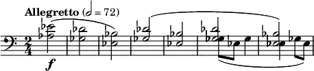 \relative c' { \clef bass \time 2/4 \set Staff.midiInstrument = #"trombone" \tempo "Allegretto" 2 = 72 <ees aes,>2(\f | <des ges,> | <bes ees,>) | << { <des ges,>( | <bes ees,> | <des ges,> | <bes ees,>) } \\ { s2 | s2 | ges8( ees ges4 | ees ges8 ees) } >> }