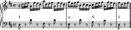 { <<
\new PianoStaff <<
\new Staff \with{ \magnifyStaff #2/3 } \relative c' {
\key d \major \clef treble \set Score.tempoHideNote = ##t \tempo 4 = 90
r16 d' e fis a, fis' e d a' d, e fis a, fis' e d |
g e fis g b, d cis b cis e fis g a, g' fis e |
fis d e fis \bar "||"
}
\new Staff = "bass" \with{ \magnifyStaff #2/3 } \relative c' {
\key d \major \clef bass
d,8 r d' r fis, r d' r |
e, r d' r a r cis r |
d, r
}
\addlyrics \with { alignAboveContext = "bass" \override VerticalAxisGroup.nonstaff-relatedstaff-spacing = #'((basic-distance . 3)) } { \override LyricText.font-size = #-2 I _ _ _ ii _ V _ I }
>> >> }
