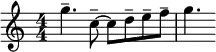 \relative c'' { \clef treble \numericTimeSignature \time 4/4 \key c \major g'4.-- c,8~-- c d-- e-- f-- | g4. }