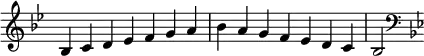 {
\omit Score.TimeSignature \relative c' {
\key bes \major \time 7/4 bes c d es f g a bes a g f es d c bes2
\clef F \key bes \major
} }