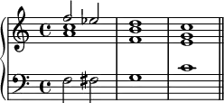 \new PianoStaff <<
\new Staff <<
\new Voice \relative c'' {
\stemUp
f2 es d1 c
}
\new Voice \relative c'' {
\stemDown
<a c>1 <f b> <e g>
}
>>
\new Staff <<
\new Voice \relative c {
\clef F
f2 fis g1 c \bar "||"
}
>>
>>