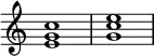 {
\override Score.TimeSignature #'stencil = ##f
\relative c' {
\clef treble
\time 4/4
\key c \major
<e g c>1
<g c e>
} }
