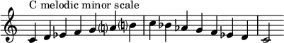 {
\override Score.TimeSignature #'stencil = ##f
\relative c' {
\clef treble \time 7/4
c4^\markup { C melodic minor scale } d es f g a!? b!?
c bes aes g f es d
c2
}
}