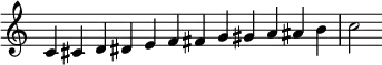 {
\override Score.TimeSignature #'stencil = ##f
\relative c' {
\clef treble \time 12/4
c4 cis d dis e f fis g gis a ais b
c2
}
}