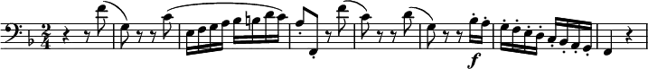 {
\relative c' { \clef bass \key f \major \time 2/4
r4 r8 f8( | g,) r r c( | e,16 f g a bes b d c) | a8-. f,-. r f''( | c) r r d( | g,) r r bes16-.\f a-. | g-. f-. e-. d-. c-. bes-. a-. g-. | f4 r
} }
\layout { \context {\Score \omit BarNumber} line-width = #180 }