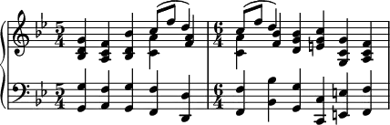 { #(set-global-staff-size 18)
\new PianoStaff <<
\new Staff <<
\new voice \relative c'' {
\set Score.tempoHideNote = ##t \tempo 4 = 112
\clef treble \key bes \major
\time 5/4
<bes, d g>4 <a c f> <bes d bes'> \stemDown <c a'> \stemNeutral <f a>
\time 6/4
\stemDown <c a'> \stemNeutral <f bes> <d g bes> <e g c> <g, c g'> <a c f>
}
\new Voice \relative c'' {
\time 5/4
s2. \stemUp c8^( f d4)
\time 6/4
\stemUp c8^( f d4) s1
}
>>
\new Staff <<
\clef bass \key bes \major
\relative c {
\time 5/4
<g g'>4 <a f'> <g g'> <f f'> <d d'>
\time 6/4
<f f'> <bes bes'> <g g'> <c, c'> <e e'> <f f'>
}
>>
>> }