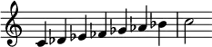 {
\override Score.TimeSignature #'stencil = ##f
\relative c' {
\clef treble \time 7/4
c4 des es fes ges aes bes c2 }
}