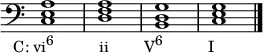 {
\override Score.TimeSignature #'stencil = ##f
\relative c {
\clef bass
\time 4/4
<c e a>1_\markup { \concat { \translate #'(-4 . 0) { "C: vi" \raise #1 \small "6" \hspace #6.5 "ii" \hspace #5 "V" \raise #1 \small "6" \hspace #6.5 "I" } } }
<d f a> <b d g> <c e g> \bar "|."
} }