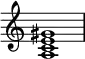 {
\override Score.TimeSignature #'stencil = ##f
\relative c' {
\clef treble
\time 4/4
\key c \major
<a c e gis>1
} }