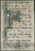 Leaf from a Gradual: Initial P with the Nativity; 1495; ink, tempera and gold on vellum; each leaf: 598 × 41&nbsp;mm; Cleveland Museum of Art