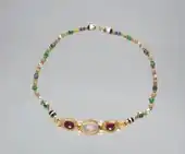 Necklace; circa 200 BC; gold, moonstone, garnet, emerald, cornelian, baroque pearl and banded agate; overall: 39.4 centimetres (15.5 in); Cleveland Museum of Art (Cleveland)
